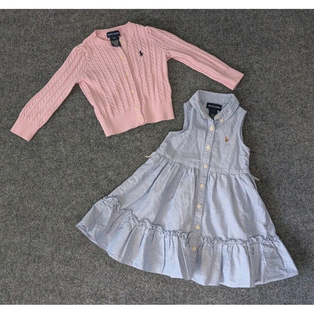 Polo Ralph Lauren Outfit Cable Knit Cardigan Sweater & Chambray Dress Toddler 2T